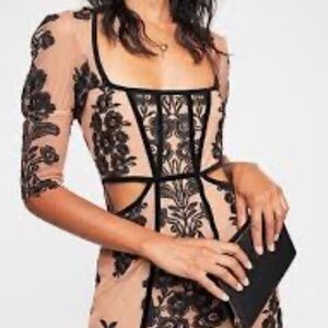 For Love and Lemons Temecula Nude Dress Black Embroidered Flowers Size Medium